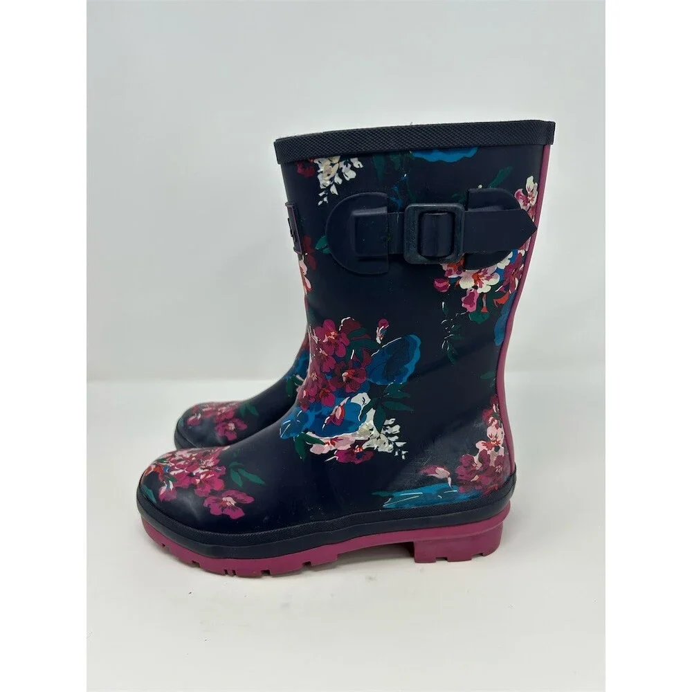 Joules Molly Welly Rain Boots Womens Mid-Calf Navy Floral Buckle Size 7